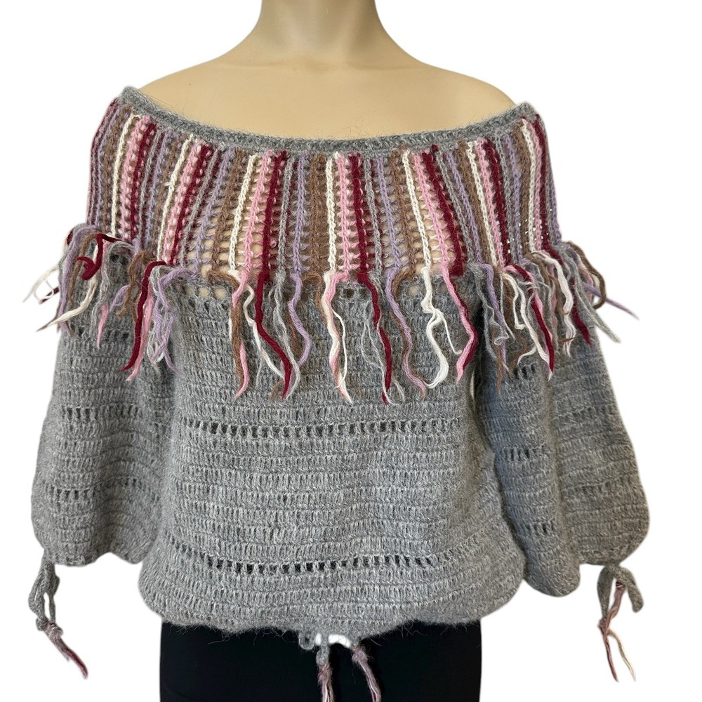 VTG Crochet‎ Sweater Size S/M Gray Multicolor Stripes Fringe Wool Mohair Hair